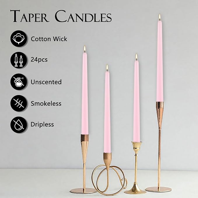 10 Inch Pink Taper Candles Set of 24,Unscented,Smokeless and Dripless Candlestickst for Valentine's Day,Household, Wedding, Party and Home Décor Candlesticks,Shabbat,8 Hours Burn Time