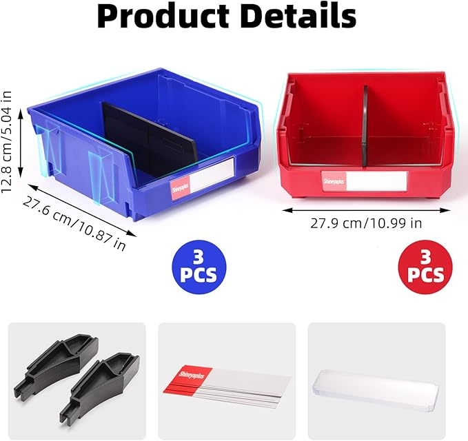 Stackable Storage Bins 6 Pack (11x11x5 Inch), Plastic Stackable Storage Organizer Bins Wall Mounted Hanging Small Parts Bin for Garage, Workbench & Office (Blue & Red)