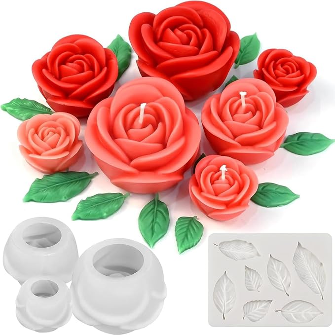 4PCS Rose & Leaf Candle Molds, 3D Flower Silicone Molds for Candles Epoxy Resin Casting Wax Soap Clay Plaster Home Decoration Handmade Gift