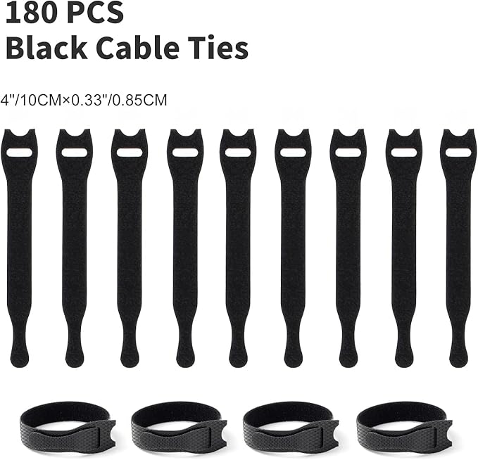 OneLeaf 180PCS Reusable Cable Ties, Black Adjustable 4-Inch Cord Organizer Ties, Multi-purpose Hook Loop Cable Management Wire Ties for Organizing Home, Office, Data Centers (OL-VCT-SG)