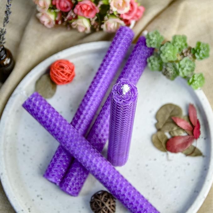 DEYBBY Natural Beeswax Taper Candles, Hand-Rolled Beeswax Candles Honeycomb Design, Dripless and Smokeless,Set of 6 (Purple)