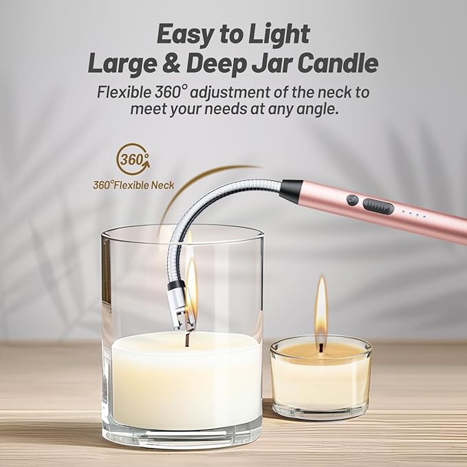 Electric Candle Lighter, Safty Lock, USB Type-C Port, Rechargeable Lighter, Windproof Flameless, Led Display, for Home Kitchen (Rose Gold)