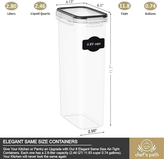 Chef's Path - Kitchen Storage Box Set - 8 Airtight Food Jars for Storing Spaghetti, Pasta, Flour, Cereals, Pet Food Preservation, BPA Free (3 quarts)