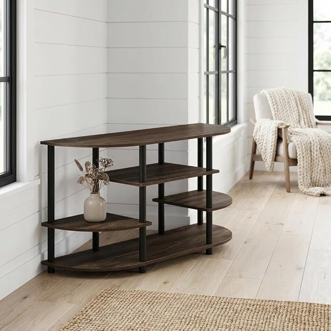 Furnifact Walnut/Black TV Stand, Modern Design, Easy Assembly, Durable Composite Wood and Plastic, for Living Room, Entertainment Center