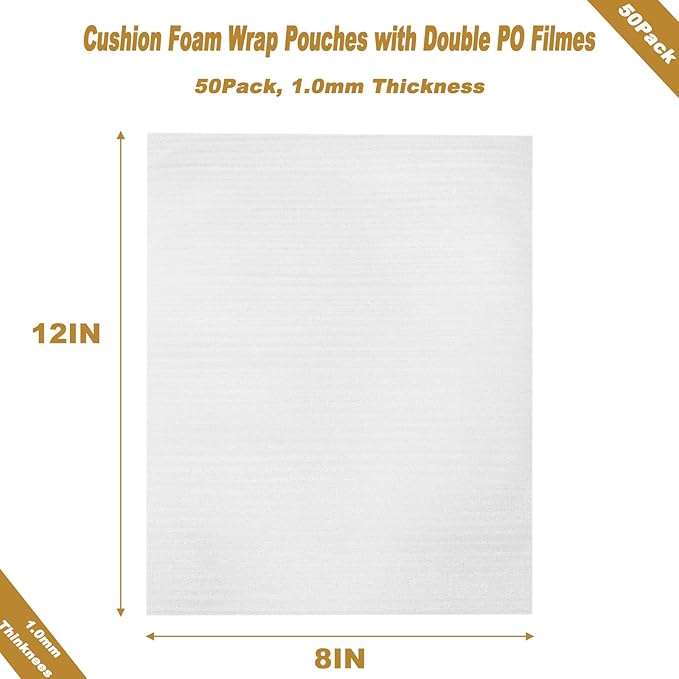 50 Pack 8''x12'' Cushion Foam Pouches, Moving Supplies for Dishes, Packing Foam for Dishes & Cups, Glass Packing Paper and Plate Protectors for Moving Fragile Items (200x300x1MM)