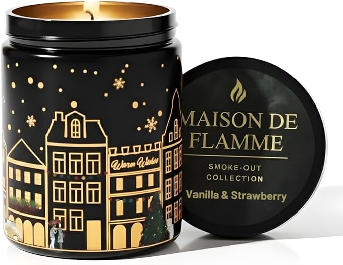 Vanilla & Strawberry Scented Candle – Dual Light Glow Jar Candle (Real Flame + Heat Activated LED), Soy Wax Blend Candle, 40-Hour Burn, Decorative Candle for Bedroom, Bathroom & Home Gift, 7oz