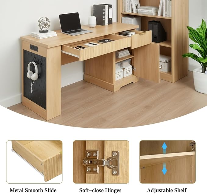 Executive L Shaped Desk with Storage Cabinet Drawers Built in Power Outlet Shelves for Home Office Gaming Study (Light Oak)