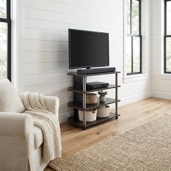 Furnifact Espresso Easy Assembly 4-Tier Petite TV Stand, Durable Composite Wood Construction, Space-Saving Design, Modern Style for Living Room