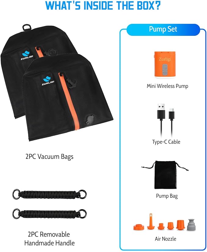 Zurligi Travel Vacuum Compression Bags with Removable Handle & Mini Pump – 39L Reusable IPX8 Waterproof Vacuum Packing Cubes, Vacuum Seal Bags for Clothes, Suitcase & Backpack(2-Pack Black)