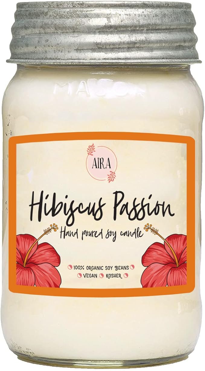 AIRA Soy Candles - Organic, Kosher, Vegan, in Mason Jar w/Therapeutic Grade Essential Oil Blends - Hand-Poured 100% Soy Candle Wax - Paraffin Free, Burns 110+ Hours - Hibiscus Passion -16 Ounces