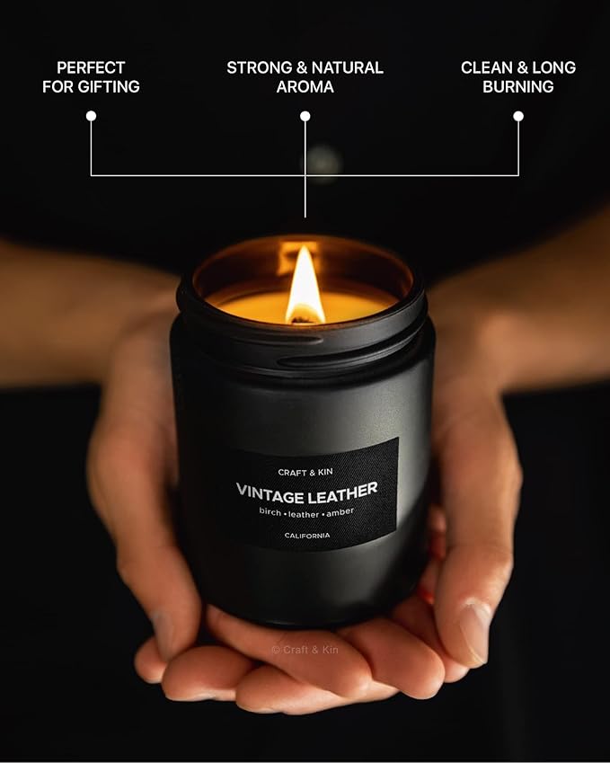 Craft & Kin Premium Vintage Leather Candle | Black Scented Candles for Men | Long Lasting with 45 Hour Burn Time, 7.6oz | Soy Candles | Aromatherapy at Home | Gifts for Men