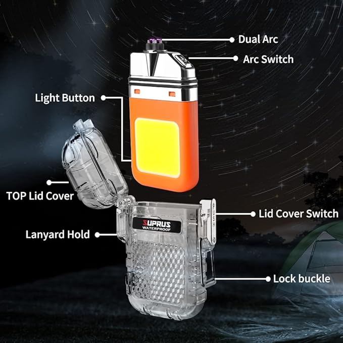 SUPRUS Waterproof 3 Modes of Flashlight Windproof Lighter Dual Arc Electric Rechargeable Dual Arc Plasma Lighter with Survival Emergency Whistle and Lanyard (Orange)
