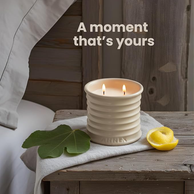Annex Fig Leaf & Lemon Luxury Scented Candle - 8oz Handmade Beige Ceramic Jar Candle - 50hr Clean Burn, 100% Non-Toxic Soy Wax, Home Fragrance, Aesthetic Decor Gift for Men Women - Amber & Sandalwood
