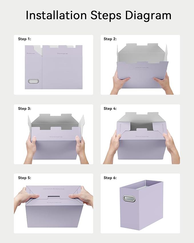 Oterri File Organizer Box, Portable Collapsible Cardboard File Folder Organizer with Handle for Letter Size Hanging Files, Document Storage Box for Home Office & Classroom (6 Packs, Purple)