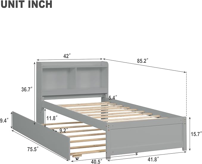 Harper & Bright Designs Twin Bed with Trundle, Twin Bed Frame with Bookcase Headboard, Wood Twin Platform Bed with Pull Out Trundle Bed for Kids Girls Boys, No Box Spring Needed, Grey
