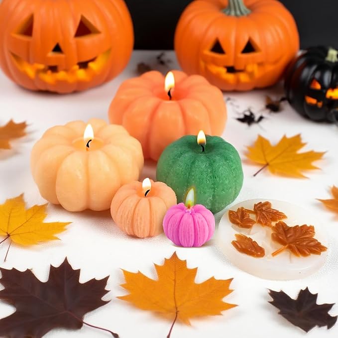 MGLIFEUL 6 pcs Upgrade Large Halloween Pumpkin Maple Leaf Candle Silicone Candle Mold with Wax Core, Halloween Fall Pumpkin Candle Resin Soap Molds Silicone Suitable for Businesses or households