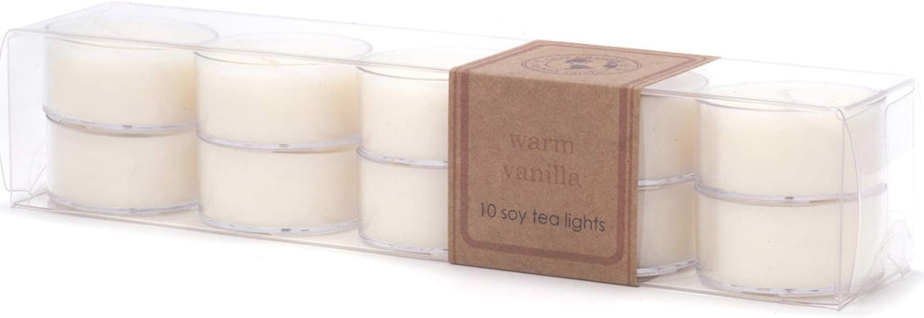 ECO CANDLE CO. Tea Light Candles, Warm Vanilla, 10-Pack - Scents of Rich Vanilla - Recyclable Plastic Cups, 100% Soy Wax, No Lead, Hand Poured, Made from Midwest Grown Soybeans, .6 oz. Each