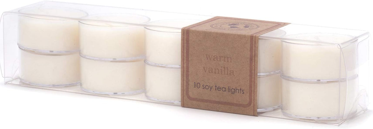 ECO CANDLE CO. Tea Light Candles, Warm Vanilla, 10-Pack - Scents of Rich Vanilla - Recyclable Plastic Cups, 100% Soy Wax, No Lead, Hand Poured, Made from Midwest Grown Soybeans, .6 oz. Each