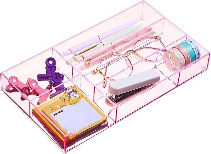 Briwooody Translucent Pink Acrylic Desk Drawer Organizer 11 x 6.1 x 1.38 Inch Storage Tray Organizer for Pens, Stationery, Desktop, Office, Bathroom, Kitchen, Makeup Supplies (6 Compartments)