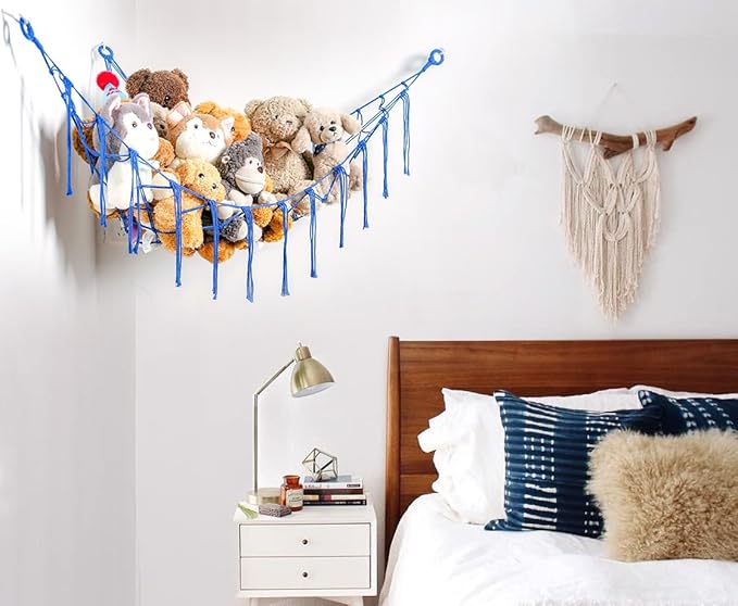YKBU Stuffed Animals Hammock Corner Hanging Net Macrame Stuffed Animal Storage Plush Toy Holder Toy Organizer for Boho Nursery Playroom Bedroom Kids Room (blue, m)