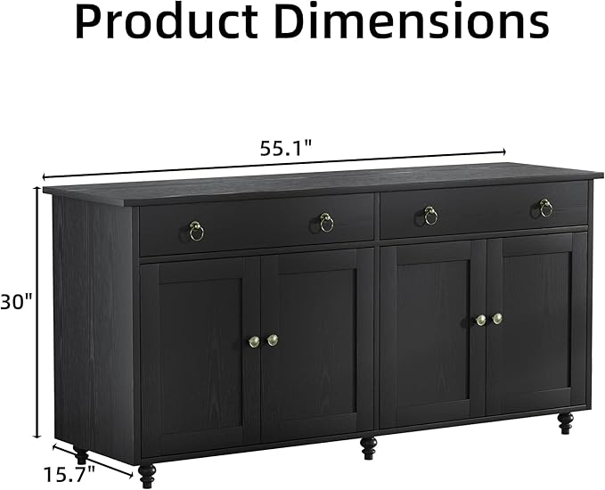 4 EVER WINNER Buffet Cabinet with Storage, 55" Black Sideboard Buffet Cabinet with Drawers and Doors, Coffee Bar for Dining Room