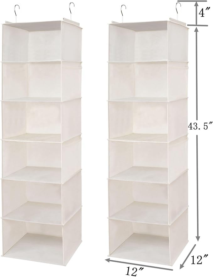 BrilliantJo 6 Shelves Hanging Closet Organizer, 2 Pack Hanging Storage with 4 Side Pockets for Clothes Shoes, 43.5"x12"x12"(Beige)