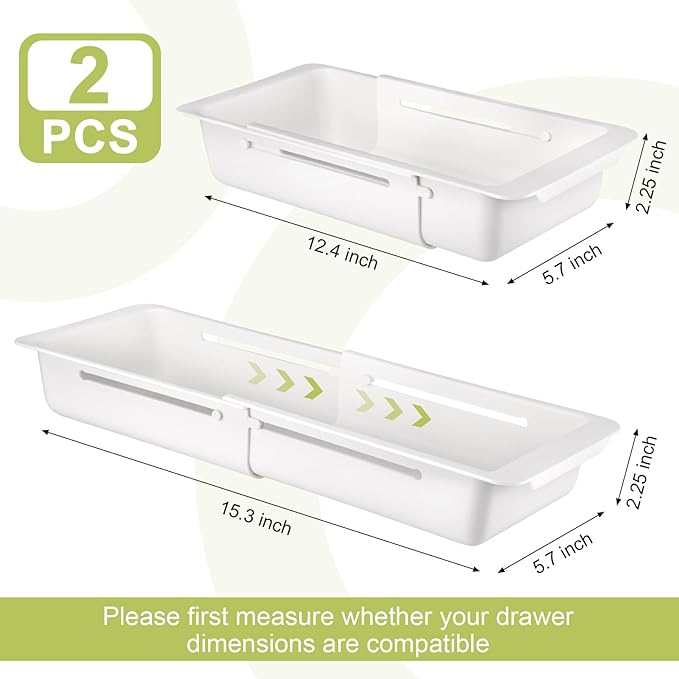 Booson 2 PCS Deep Drawer Organizer Bin Adjustable Sliding Drawer Organizers Expandable Kitchen Organizer Trays for Home Office Makeup Storage Tools