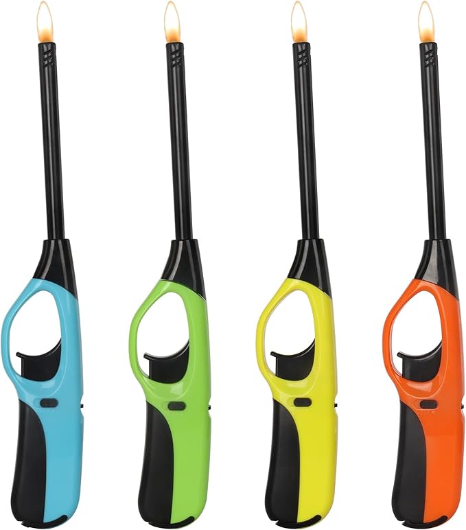 4 Pack Long Nozzle Candle Lighters Refillable,Ideal for BBQ, Candles,Grill Stove, and Camping (Butane Included)