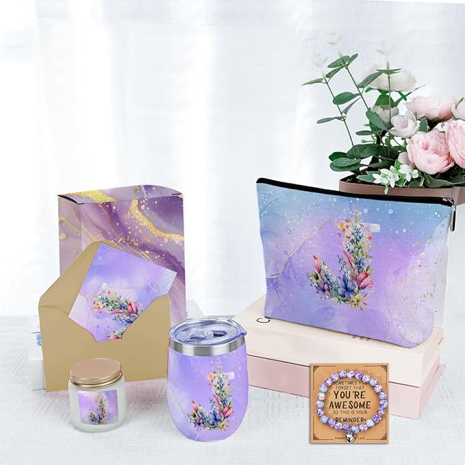 Personalized Gifts Monogrammed Birthday Gifts for Women, Maid of Honor Bachelorette Wedding Christmas Initial Wine Tumbler Makeup Bag Scented Candle Bracelet Set, (Aesthetic Purple Flower J)