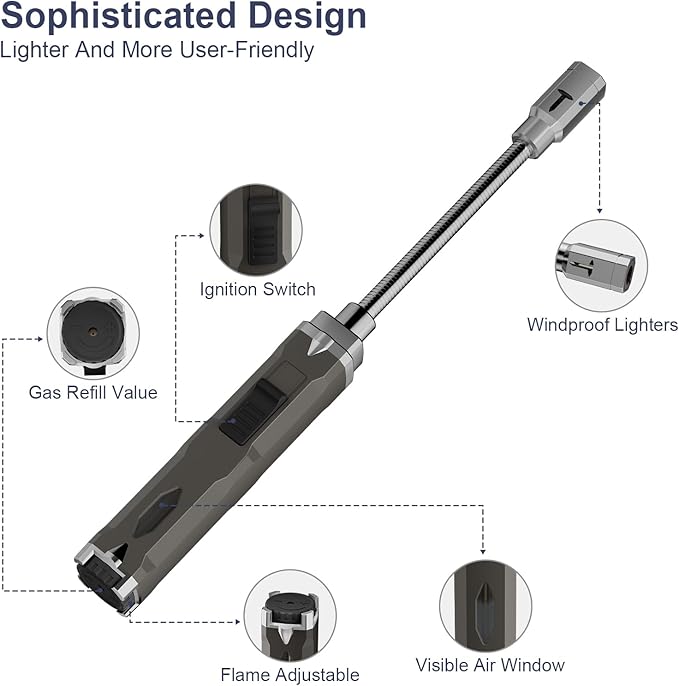 TONYFUL Butane Lighter Long Torch Lighter, Refillable Lighters with Visual Fuel Window, Adjustable Flame Windproof Lighter for Candle, Camping, Fireplace, BBQ(Fuel Not Included)