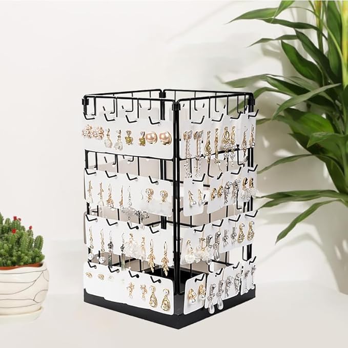 360 Rotating Earring Display Holder Stand, Large Capacity 64-Hook Jewelry Display and Storage Rack，For retail displays, seller sales, and women's vanity earring organization (Black)