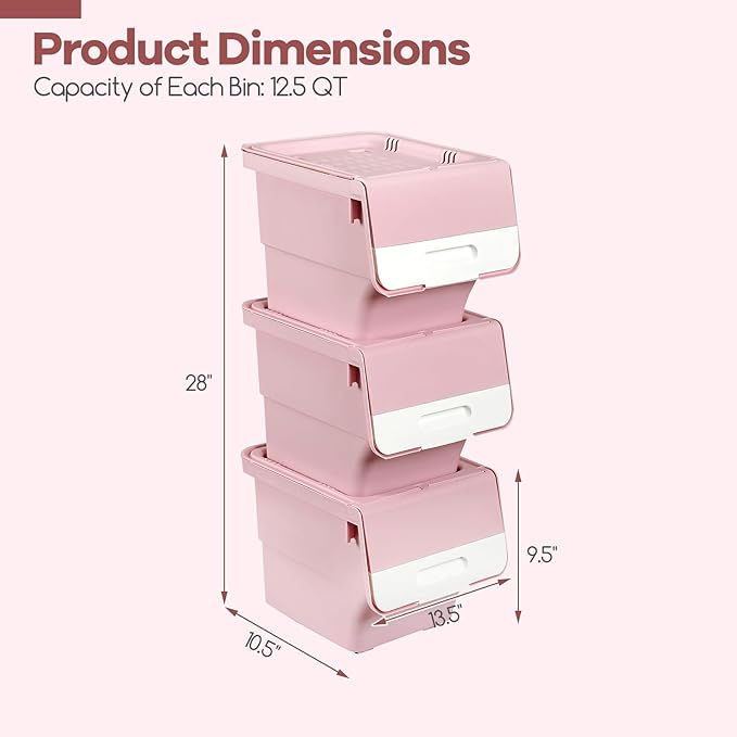 Giantex Plastic Stackable Storage Bins with Lids & Wheels, 3 Pack Open Front Stacking Bins, Organizer Bins for Pantry, Kitchen, Laundry, Closet, Playroom, Bedroom Organization (12.5 QT)