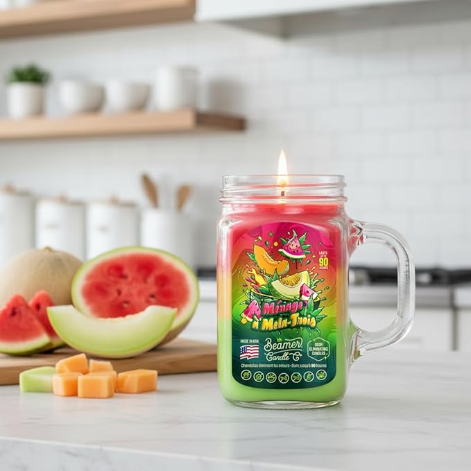 Beamer Candle Co. - Ménage Á Mela Trois Candle – Watermelon, Cantaloupe & Honeydew - Sweet Melon Scent - Odor Eliminating - High Fragrance - Large 12oz Mason Jar - 90 Hour Burn Time