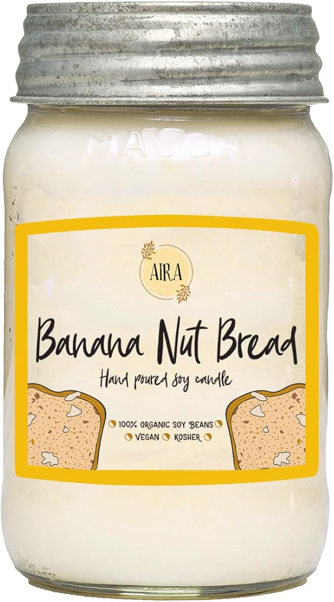 Aira Soy Candles - Organic, Kosher, Vegan, in Mason Jar w/Therapeutic Grade Essential Oil Blends - Hand-Poured 100% Soy Candle Wax - Paraffin Free, Burns 110+ Hours - Banana Nut Bread -16 Ounces