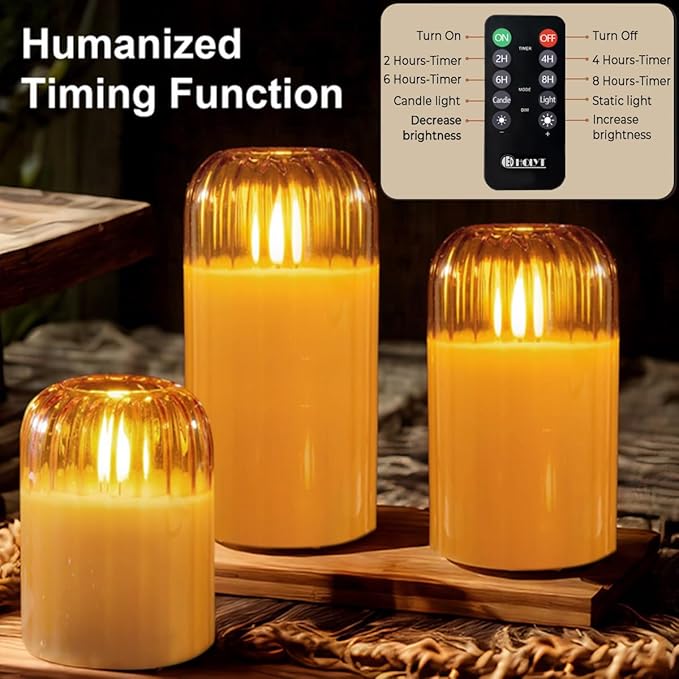 Rechargeable Jar Flameless Candle, Flashing LED Pillar Christmas Candle with Remote Control and Timer, Gold Pumpkin Glass Electronic Candles for Room Decoration, 1 Set of 3