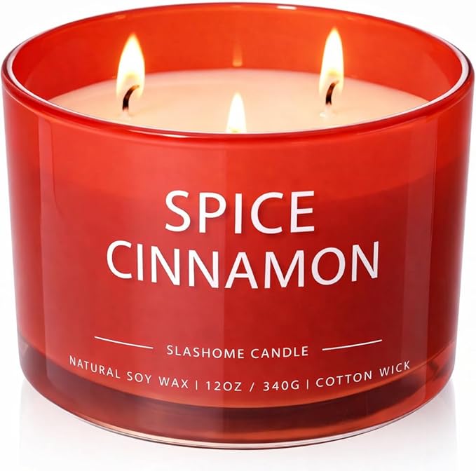 Spiced Cinnamon Scented Candle, Luxury Large 3 Wick Soy Candle 12 Oz, 60+ Hour Long Lasting Clean Burn, Elegant Aromatherapy Home Decor, Housewarming & Birthday Gift for Men & Women
