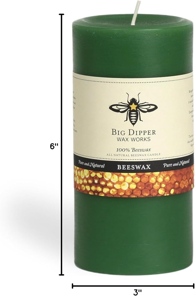 Big Dipper Wax Works Moss Green Pillar Candle, 90-Hour Long Burn, Pure Beeswax Candle, 3" x 6”