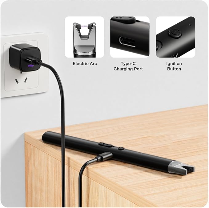 3-Pack Long Stem Electric USB C Rechargeable Plasma Candle Lighter, Windproof Arc Lighter with Safety Lock for Candles, Gas Stoves, Firestarter, Gift Set (Black, Rose Gold, Chrome)