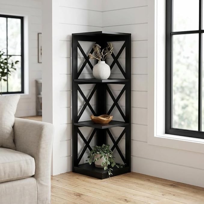 Furnifact Black 3-Tier Corner Bookcase with Durable Non-Lead Paint Finish, Stylish Storage Solution for Living Room, Office, or Bedroom
