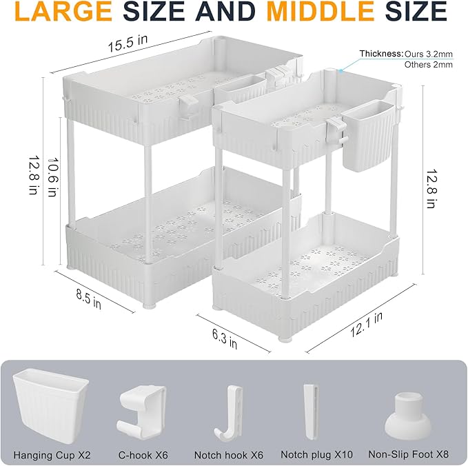 2 Pack Under Sink Organizer, Under Bathroom Cabinet Organizer with Hooks Hanging Cup, Multi-Purpose Storage Shelf for Kitchen Bathroom (White, 12.8 Inch)