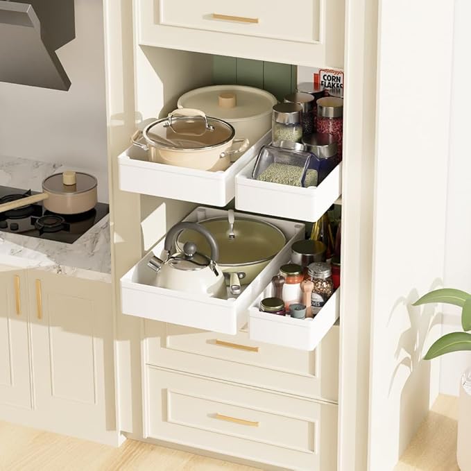 4 Pack Pull Out Cabinet Organizer, 15.8'' Deep Pull Out Drawers for Cabinets with Metal Slides, Slide Out Drawers for Kitchen Fixed with Nano Adhesive, Roll out Shelves for Bathroom, Pantry (White)