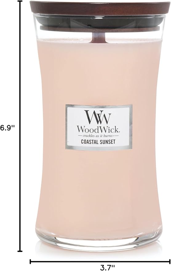 WoodWick Large Hourglass Candle Coastal Sunset Scent Crackles as it burns Premium Soy Blend Wax 21oz Perfect for gifting