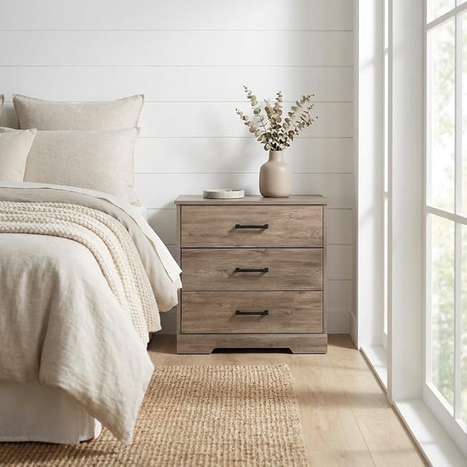 Furnifact Gray Nightstand Bedside Table, Farmhouse End Table with 3 Drawers, Laminate Finish, Rectangular Shape, One Size, Modern Bedroom Storage