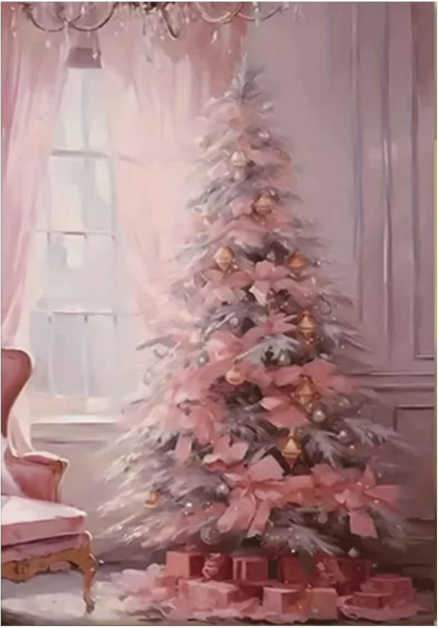 Pink Christmas Tree with Bows & Gifts Paint by Numbers for Adults, Festive Holiday DIY Painting Kit, Cute Home Decor 24 Colors 16x20 inch Framed
