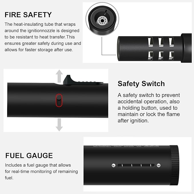 Camping Lighter, Torch Lighter, Windproof Jet Flame Butane Refillable Adjustable Flame with Safety Lock&Fule Guage for Campfires Kitchen Hiking Candles Fireplace BBQ Outdoor Camping Essentials(Black)