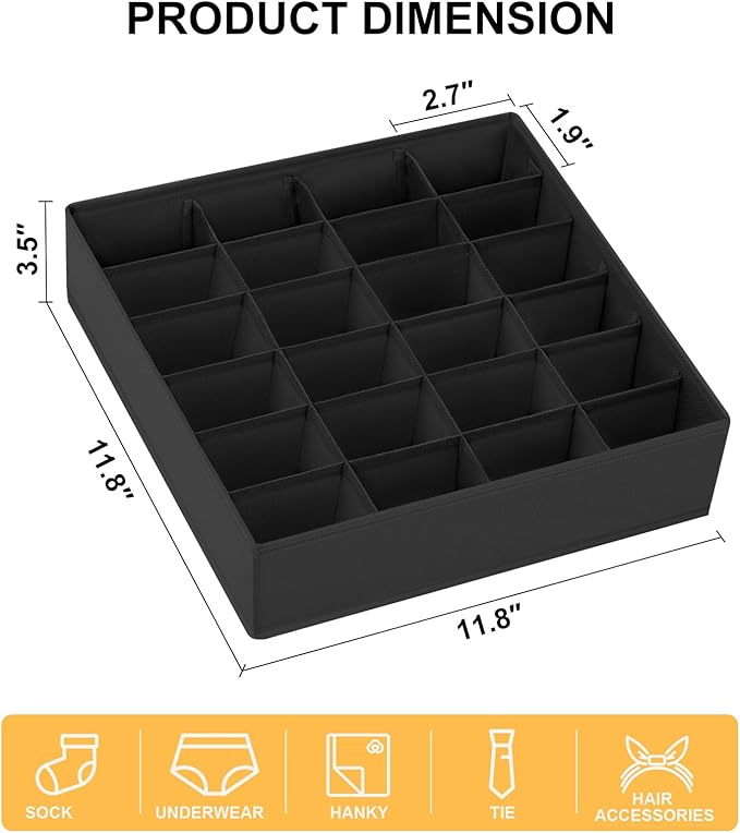 Joyoldelf Sock Organizer Drawer Organizer - Underwear Organizer, 24 Cell Collapsible Closet Organizers and Storage Sock Holders Organizers for Storing Socks, Ties, Belts 6 Pack Black