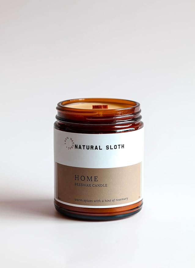 Home Natural Sloth 9 oz Beeswax Candle with Pure Essential Oils, Non-Toxic, Made Safe® Certified, Wooden Wick, Clean Burning (Home)