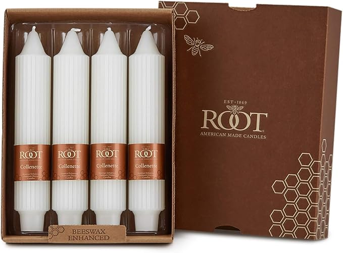 Root Candles 4-Count Unscented Dinner Candles Dripless Beeswax Enhanced Grecian Collenette Boxed Candle Set, 7-Inch, White
