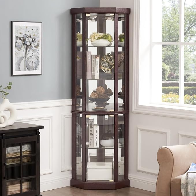 Corner Lighted Glass Curio Cabinet for Living Room Space Saving Vertical Tall Display Case with Light for Antique Wine Bar Glass Storage (Cherry)