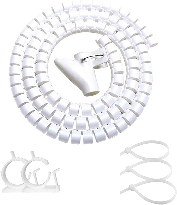 White PC Cable Sleeve Management, VIWIEU Desk Cord Organizer Cable Wrap Tubes 1PCS, 59" Plastic Cable Cover Bundler with Bonus Cable Clips and Electrical Zip Ties for TV Laptop Home Entertainment